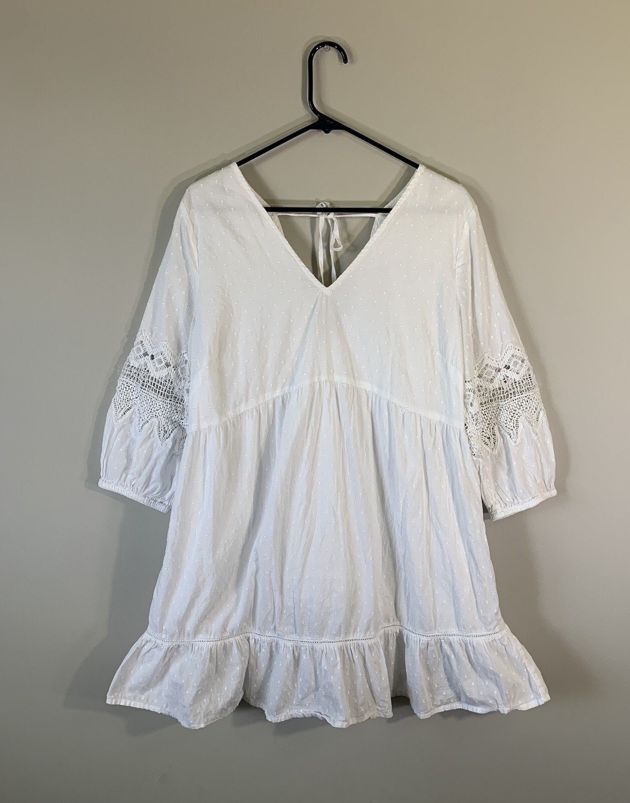 Mini Vestido Monzón Accesorio Damas Talla L Boho Blanco Inserto de Encaje Algodón Orgánico