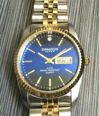Swanson RX Men's Watch Round Blue Date Dial on Two Tone Linked Band New Item!