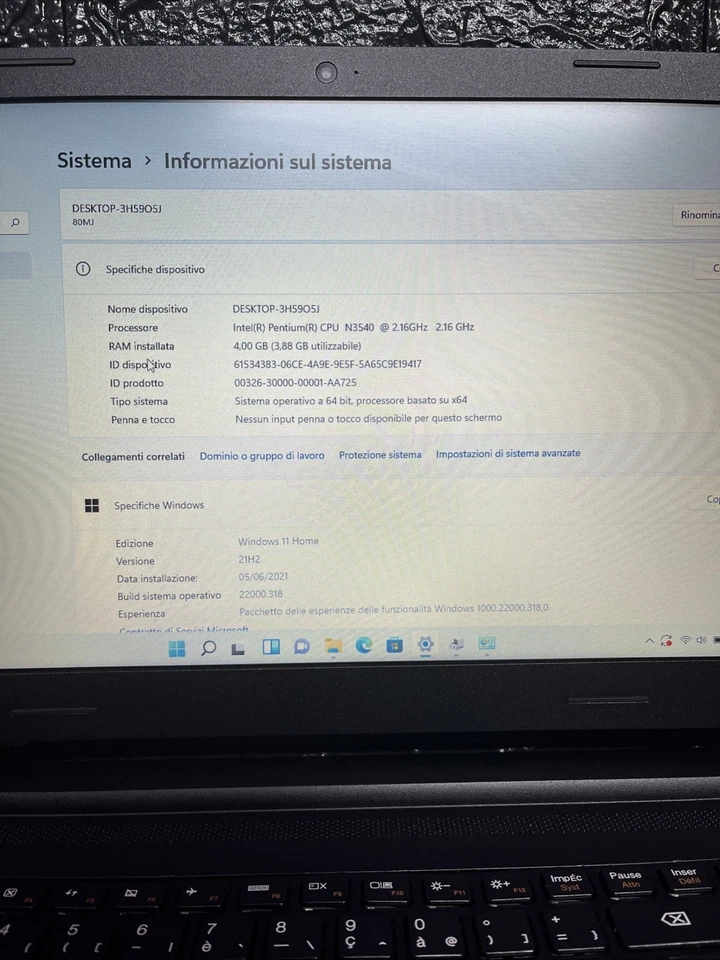 Notebook Lenovo 2021 15,6p(Intel Celeron 4gb Ram Ssd128gb)Windows 11 Home - Immagine 3 di 4