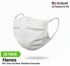 20 Hanes 100 Cotton Fabric Reusable Face Mask Washable Comfortable Masks WHITE