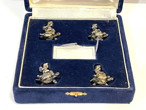 Antik 800 Silber Putti auf Schildkröte Set 4 Tischkartenhalter in Präsentationsbox