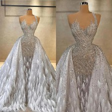 Exquisite Mermaid Feather Wedding Dress One Shoulder Crystal Sequin Bridal Gown