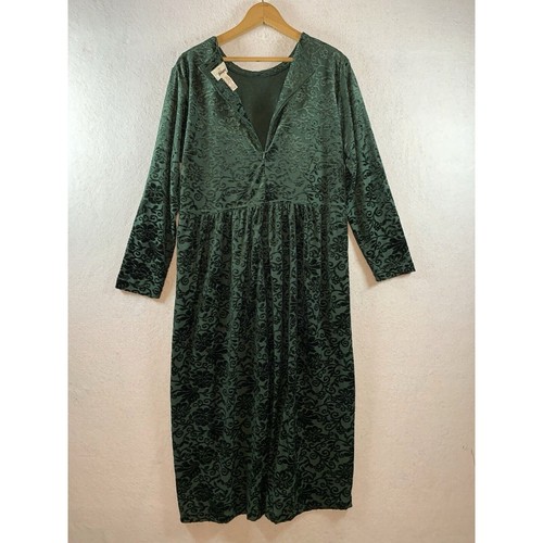 Vintage Women Velvet Burnout Maxi Dress Sz 14P Green Floral Long Sleeve Event - Picture 6 of 12