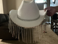 White Western Cowboy Hat with Rhinestone Fringe Fashion Party Costume Accessory