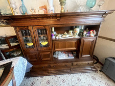Brown Wood & Glass Display Cabinet, 3 Glass Doors, Shelves, 200x180x80cm