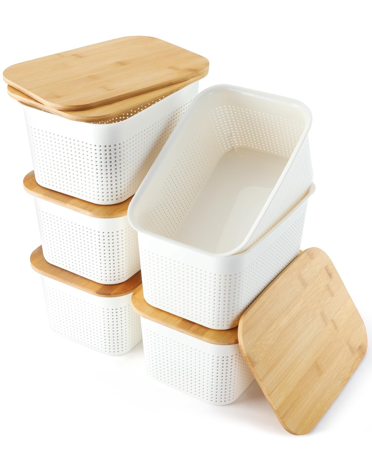 6-Pack Stackable Bamboo Plastic Storage Bins With Lids-image