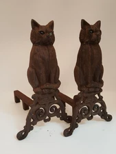 Antique cast iron sitting cat andirons pair green marble eyes figural eyes glow
