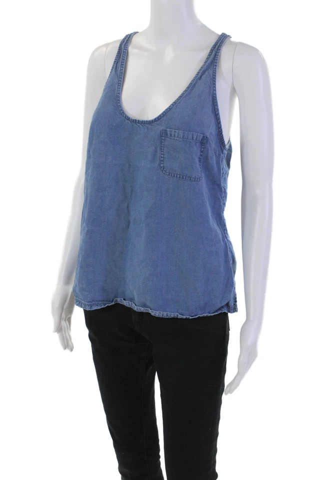 Camiseta sin mangas de mezclilla sin mangas con cuello redondo texturizado Joie para mujer azul talla S Foto 2 de 4