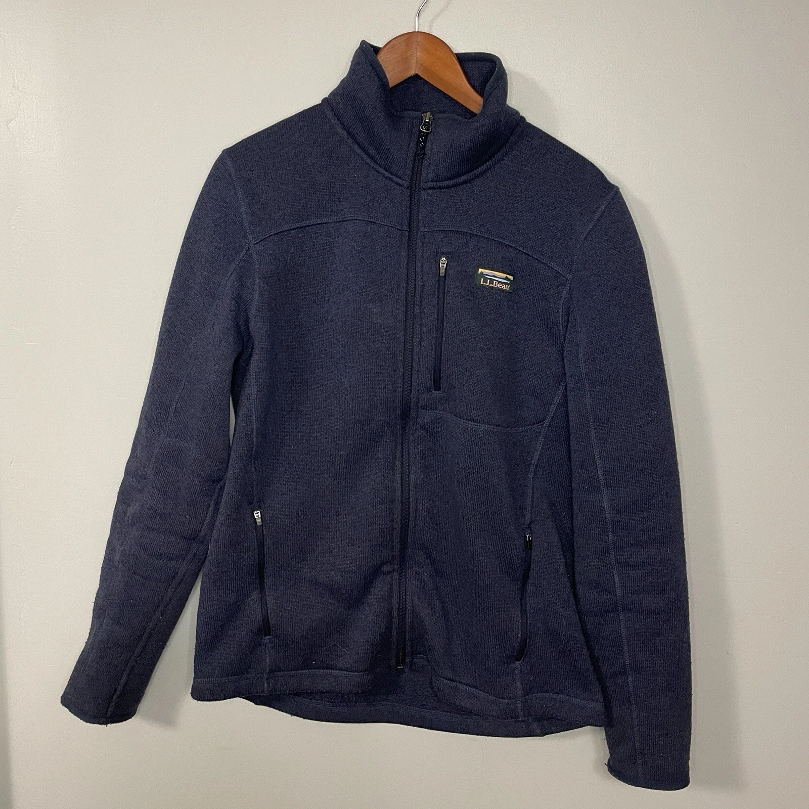 LL Bean Full Zip Sweater Jacket Men Size M Blue Fleece Lined Outdoors