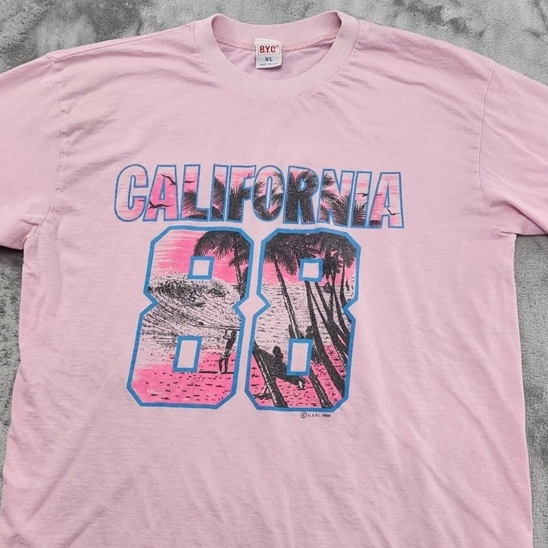 Camiseta De Colección Años 80 BYC Top Mujer M Rosa California 88 Gráfico Cuello Redondo Surf Playa Foto 2 de 4
