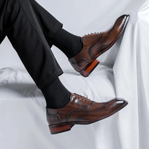 Zapatos de cuero marrón, atuendo formal, informales, traje de cabeza cuadrada, zapatos de novio Foto 4 de 4