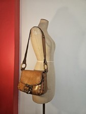 Vintage 70s Hand Tooled Shoulder / Crossbody Bag Brass Buckle Wood Rings