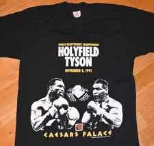 *1991 MIKE TYSON v EVANDER HOLYFIELD* vtg boxing fighter tee shirt (L) Las Vegas
