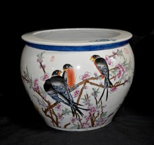 20th Chinese Signed Studio Seal Fish Bowl Scholar Water Pot Planter Bird 14.5"