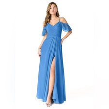 Azazie NWTs Women’s Dakota Blue Jay A-Line V-Neck Pleated Chiffon Dress Size A16