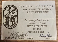 BSA Yucca Council - Camp Dale Resler - Most High Order Bushed Bear pocket card