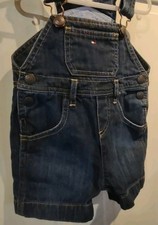 TOMMY HILFIGER Logo Baby 6-9 Mth Denim Blue Jean OVERALL SHORTS Snap Crotch EUC