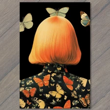 POSTCARD Girl Orange Bob Butterflies Black Clothes Back Turn Surreal Pop