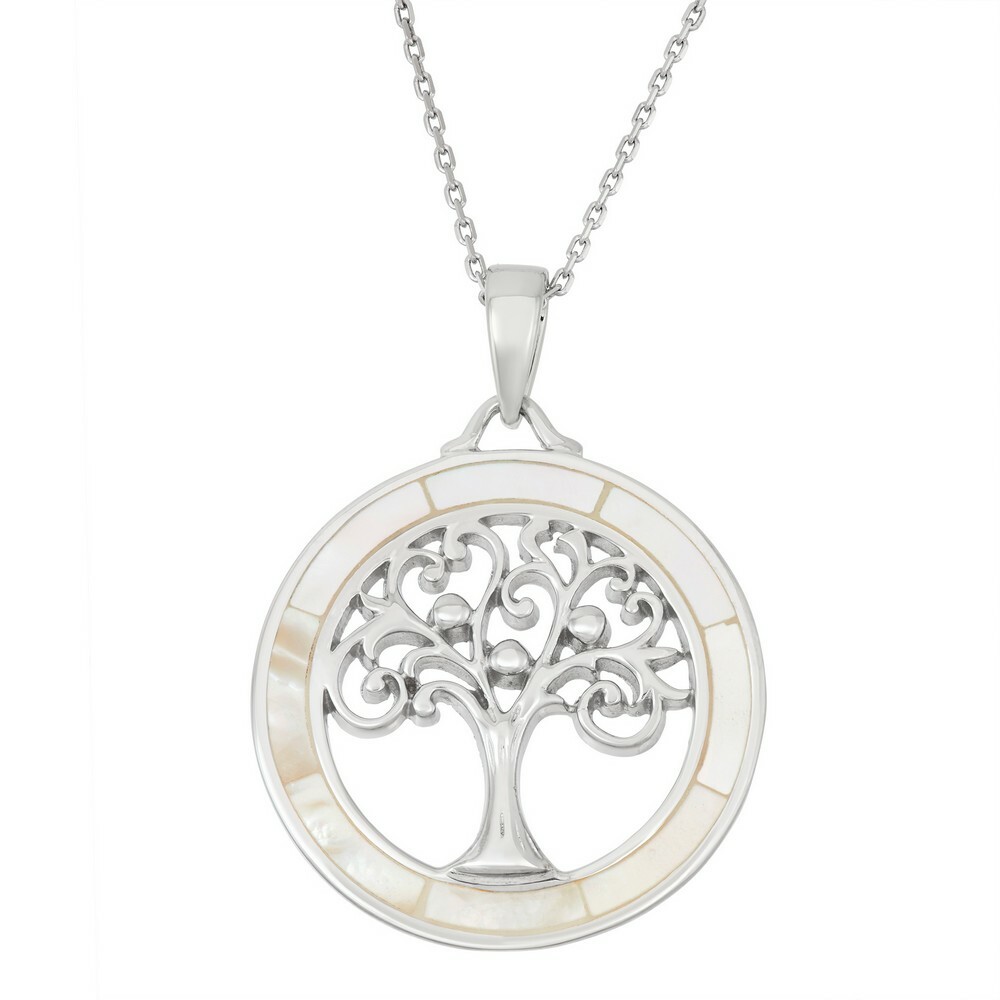 Sterling Silver Round White MOP with Center Tree of Life Pendant