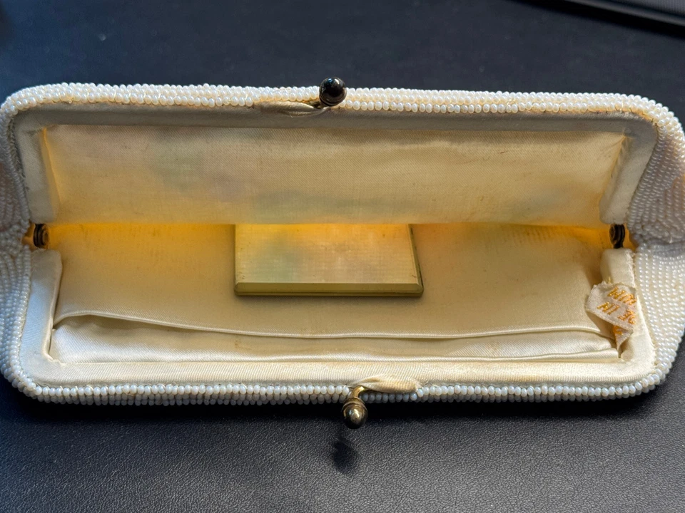 Винтажный Бельгии бисером сумочки цветочный застежки белый розовый зеленый с зеркалом - Изображение 4 из 4