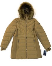New LONDON FOG Women's Detachable Faux Fur Hood 3/4 Puffer Coat Husk Large