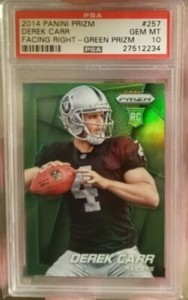 2014 PANINI PRIZM - DEREK CARR - GREEN PRIZM REFRACTOR - RC    PSA 10   POP 13