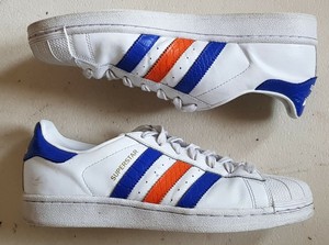 adidas superstar white red and blue stripe trainers