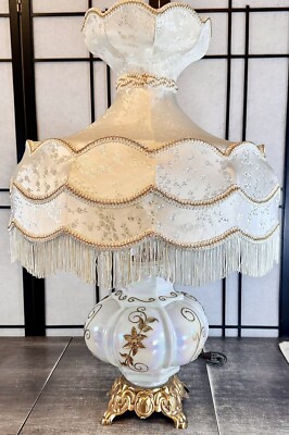 Falkenstein Pearl Milk Glass Lamp w/Brass & VICTORIAN STYLE SILK