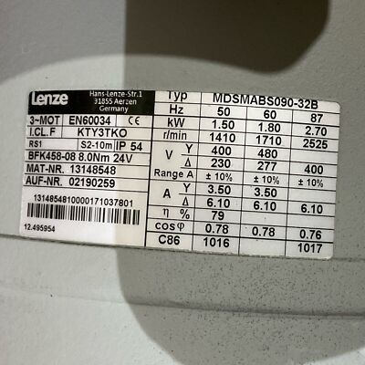 LENZE 3-MOT EN60034 KTY3TKO BFK458-08 MDSMABS090-32B GEAR MOTOR