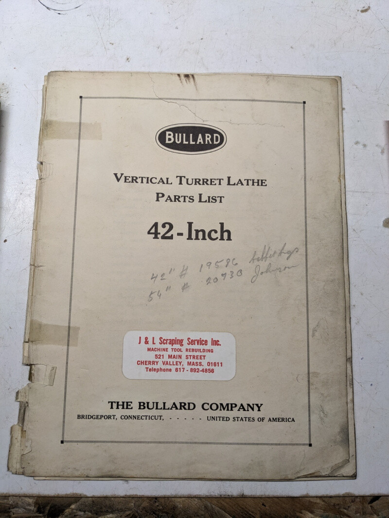 BULLARD VERTICAL TURRET LATHE 42” MACHINE PARTS LIST BOOK MANUAL