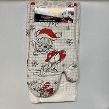 Disney Minnie Mouse Christmas Sketch 3 Piece Kitchen Set 2 Towels 1 Oven Mitt