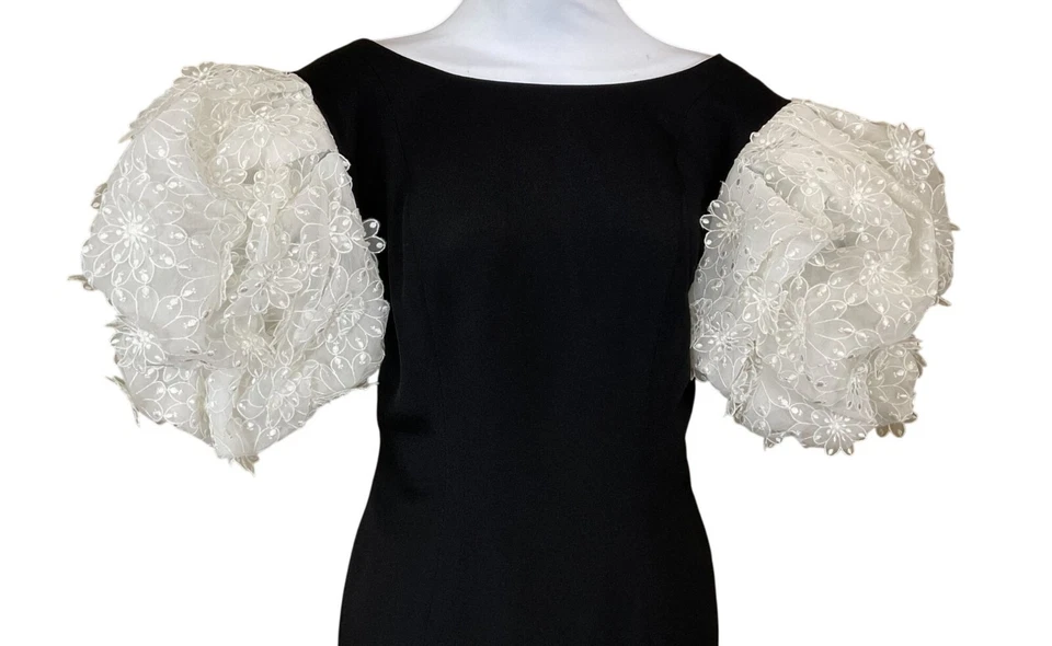 Vestido de cóctel Victor Costa de colección años 80 diseñador negro mangas abullonadas pétalos 3D talla 8 Foto 2 de 4