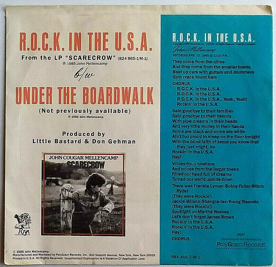 JOHN COUGAR MELLENCAMP - R.O.C.K. In The U.S.A. / 2-58468 45rpm  PICTURE SLEEVE Foto 2 de 4
