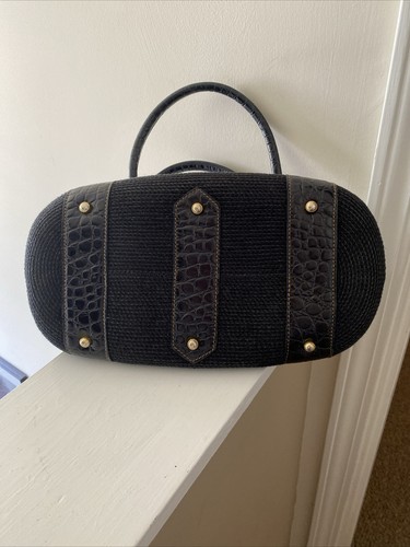 Eric Javits Black Woven Squishee Straw Croc Embossed Leather Shoulder Bag - Picture 6 of 16