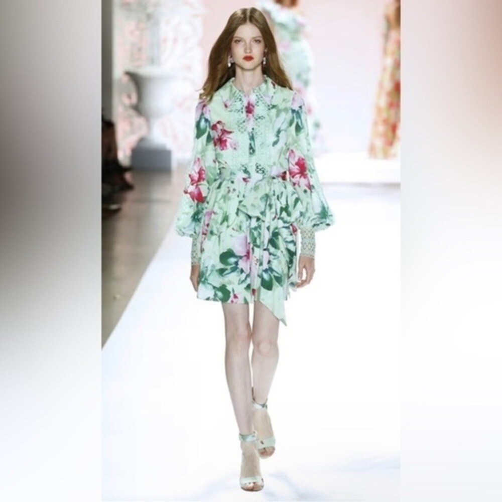 Lace Trimmed Floral DressサイズM Badgley Mischka Lace-Trimmed Floral Shirtdress size 10 great