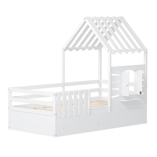 Twin Twin Size House Bed Frame With 2 Drawers Guardrails Playhouse Bed Slatted - Picture 10 of 20