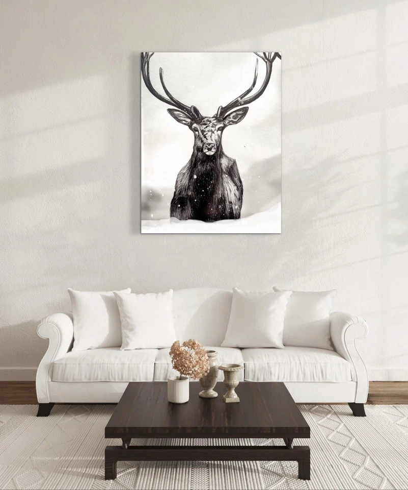 Arte Texturizado Original Ciervo en el Invierno Tinta de Nieve Pintura Boceto Minimalista Foto 2 de 3