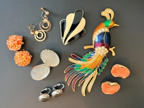 Costume Jewelry Lot YSL Clip Earrings Enamel Bird Lucite Mixed Vintage 1950s–80s