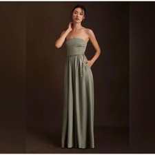 BHLDN Elsie Satin A-Line Gown Moss Green US SZ 8 Straight-Neck Formal Gown EUC