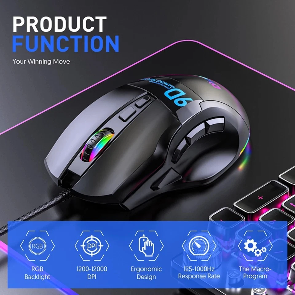 12000 DPI RGB Gaming Mouse Wired 9D Macro Programmable Ergonomic LED USB PC | UK - Image 2 of 4