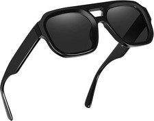 Retro Square Aviator Sunglasses, Polarized UV Shades, Black Frame / Gray Lens