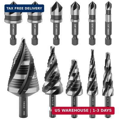 5 Pcs Four Spiral Flute Step Drill Bit Set & 6 Pcs Countersink Drill Bits with T