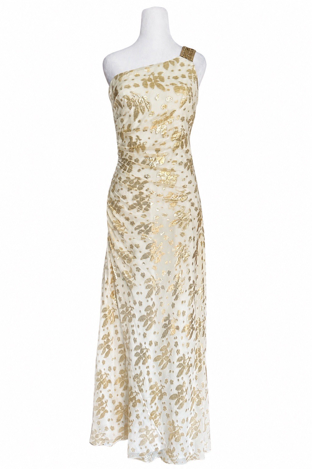 Aidan Mattox Gown 6 Silk Blend One Shoulder Gold Metallic Jacquard Evening Dress