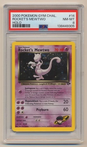 PSA 8 Pokemon Gym Challenge Unlimited Holo SWIRL Rocket's Mewtwo 14/132 NM/MINT!