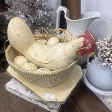 Handmade Handcraved Wooden Chicken & 6 Eggs Amish Made Cream Color