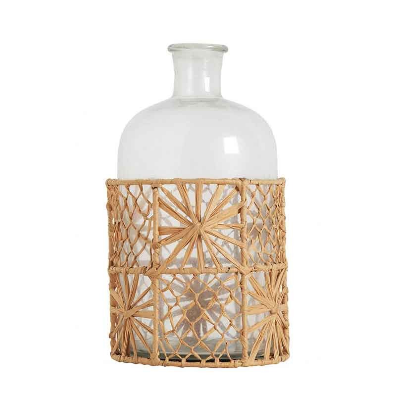 Vase bouteille soliflore en verre et raphia pour table bohème chic
