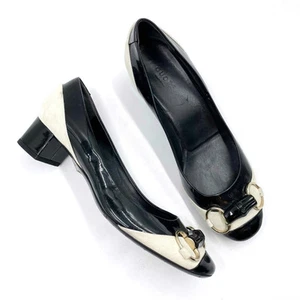 Escarpins Gucci cuir verni noir blanc daim bambou mors de cheval talon bas taille 37/7