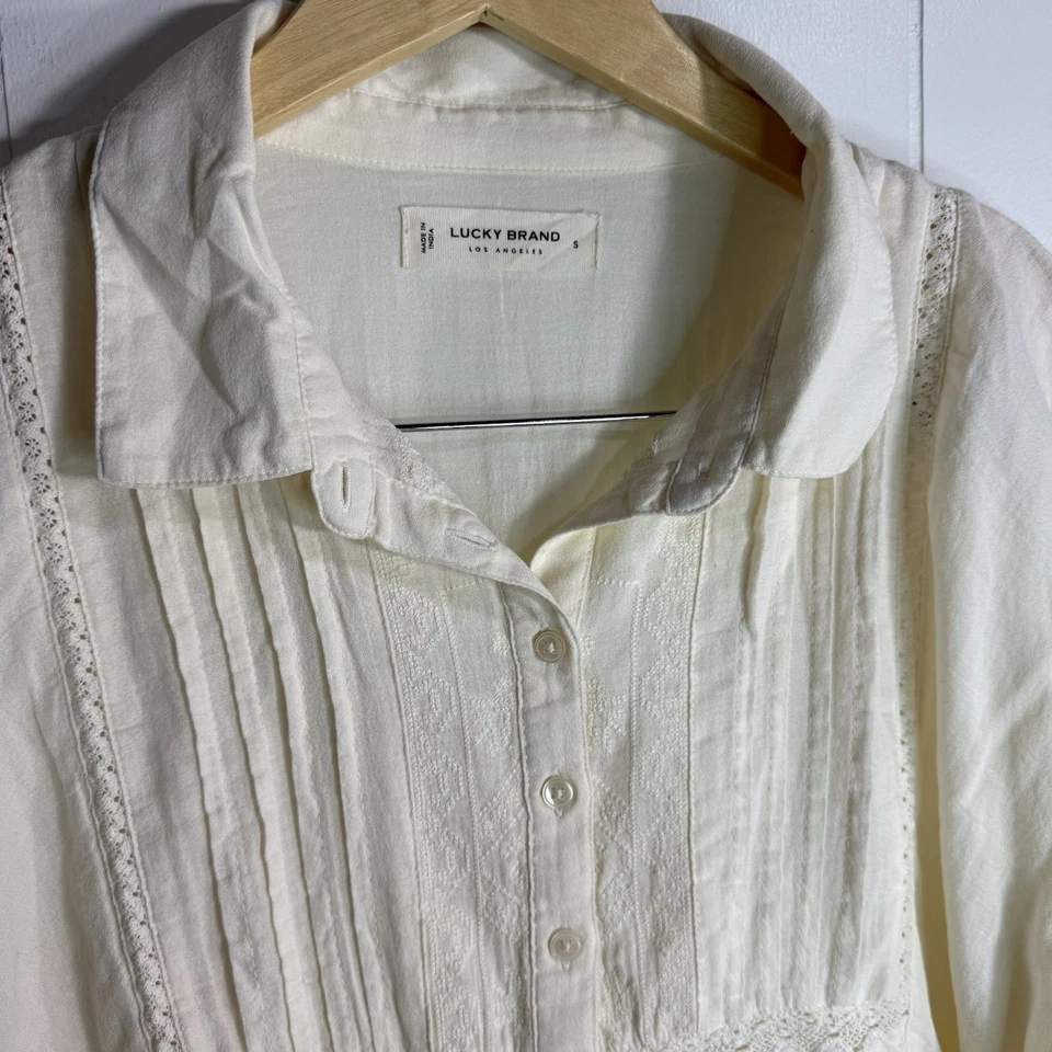 Blusa para mujer Lucky Brand S manga larga bordada blanca marfil Foto 2 de 4