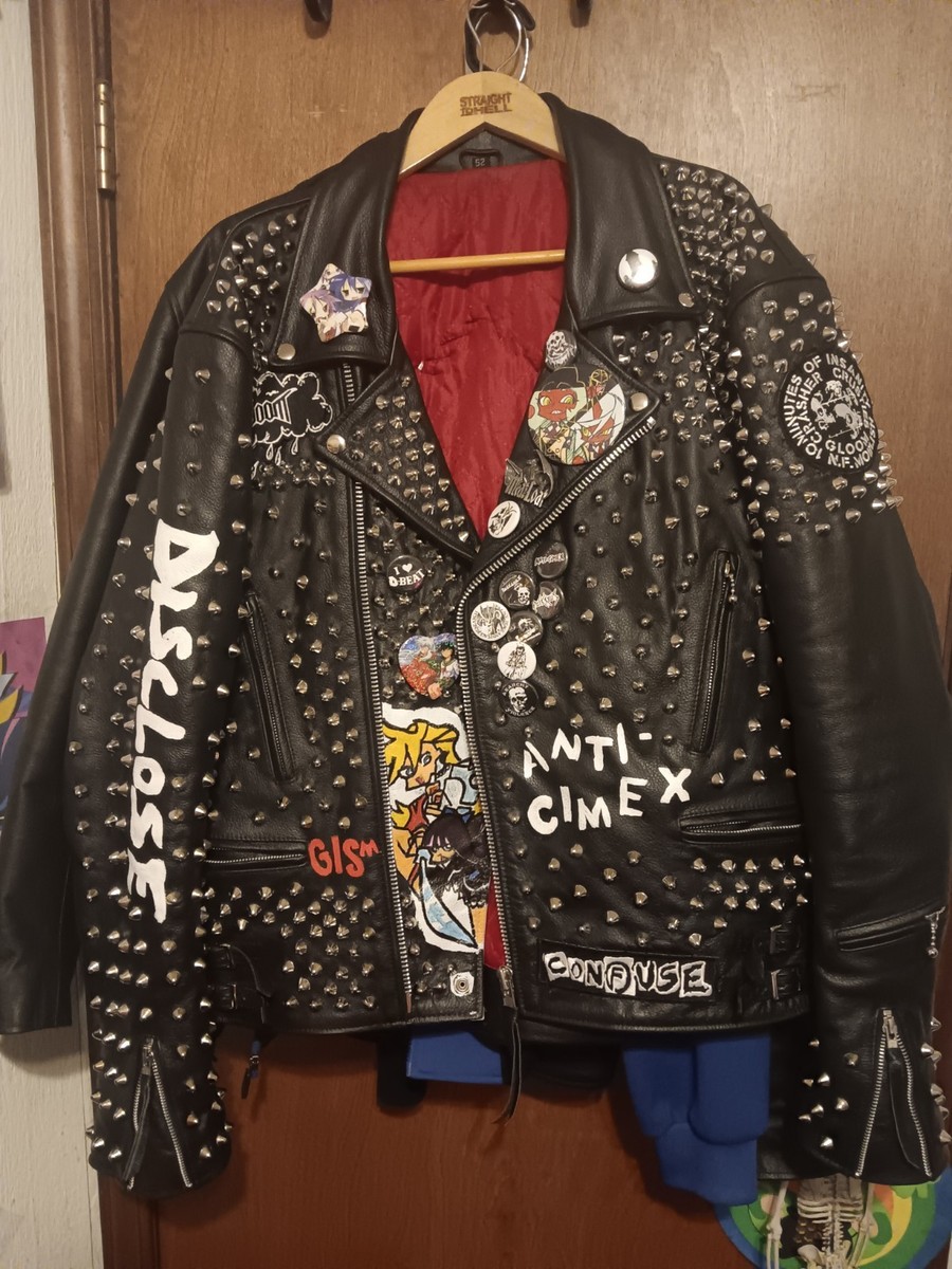 Punk Studded Leather Jacket Size XL Slim Fit Crust Disclose Anime