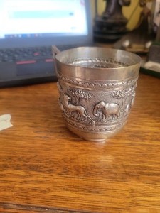 1 Vintage Kashmiri Silver Handled Cup, etched with animals all around, 92.9 gram